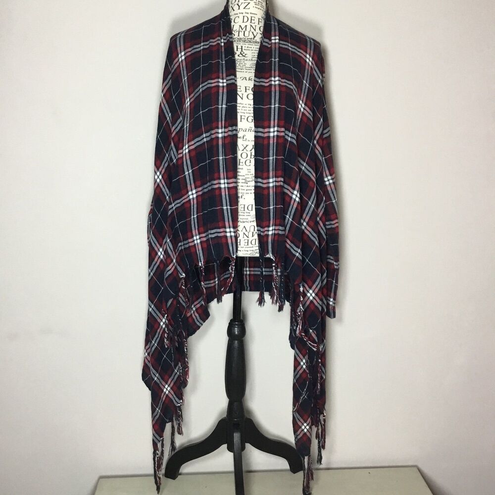 Plaid shawl style asymmetric cardigan red white blue tassels 100% cotton S/M